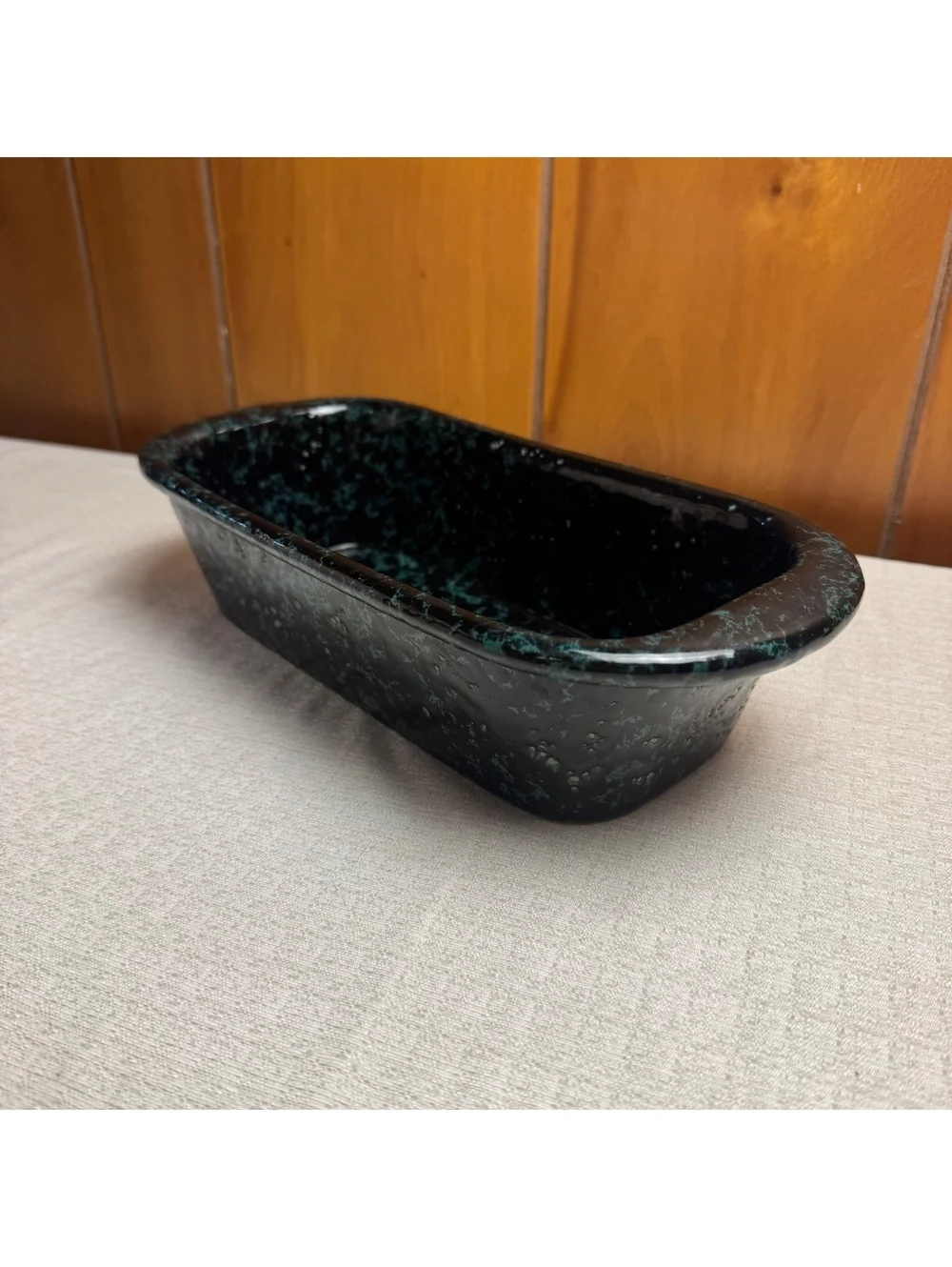 Vintage Bennington Potters #1874 Loaf Pan Black On Green Agate Stoneware Baker